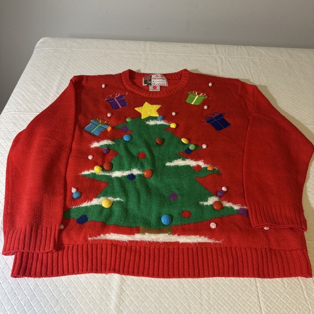 Merry Christmas Red Sweater Women's L/XL Tree‎ Presents Ugly Sweater Party